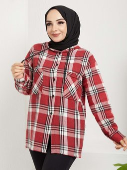 Ekose Kapüşonlu Bordo Gömlek