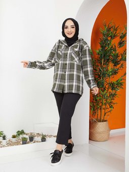 Ekose Kapüşonlu Haki Gömlek