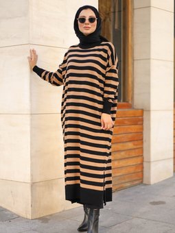 Camel Yanları Yırtmaçlı Çizgili Uzun Triko Tunik