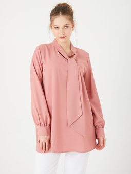 Taşlı Fular Detaylı Saten Pembe Gömlek