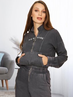 Gri Yarım Fermuarlı Beli Lastikli Crop Sweatshirt