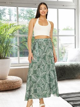 Haki Desenli Kuşaklı Volanlı Uzun Etek