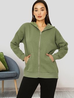 Haki Kapüşonlu Fermuar Kapamalı Örme Sweatshirt