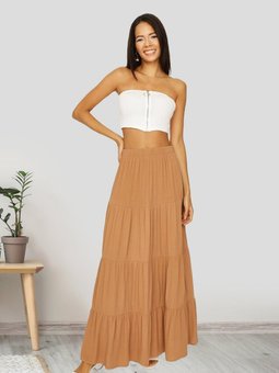 Kahverengi Beli Lastikli Volanlı Uzun Etek