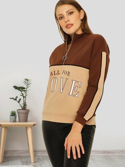 Kahverengi Renk Bloklu Dik Yaka Örme Sweatshirt