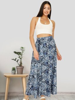 Mavi Etnik Desenli Kuşaklı Volanlı Uzun Etek