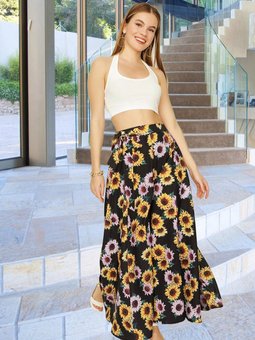 Siyah Çiçek Desenli Kuşaklı Volanlı Uzun Etek