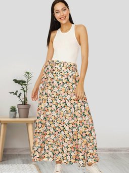 Siyah Çiçekli Kuşaklı Volanlı Uzun Etek