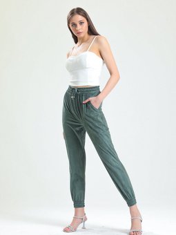 Beli Ve Paçaları Lastikli Süet Pantolon | Pnt33895 Yeşil