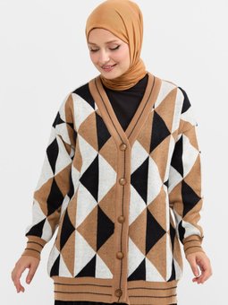 Bisküvi Geometrik Desen Düğmeli Triko Hırka 6357221