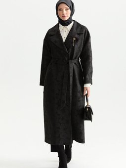 Siyah Broş Ve Kuşak Detaylı Kruvaze Yaka Uzun Kap 2313145