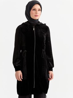Siyah Fermuar Kapamalı Kapüşonlu Cepli Kadife Kap 2317038