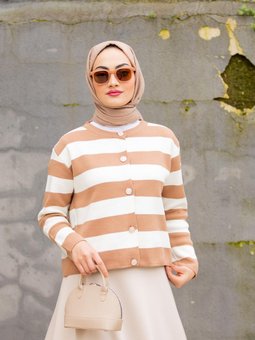 Ceket Görünümlü Çift Dokuma Hırka Bej