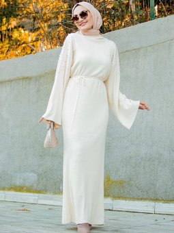 İnci Detaylı Triko Elbise Bej