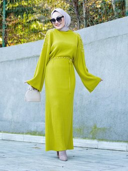 İnci Detaylı Triko Elbise Olivyeşili