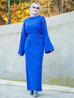 İnci Detaylı Triko Elbise Saks