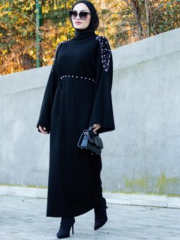 İnci Detaylı Triko Elbise Siyah