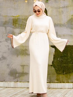 Kol Etek Ucu Nakışlı Triko Elbise Bej