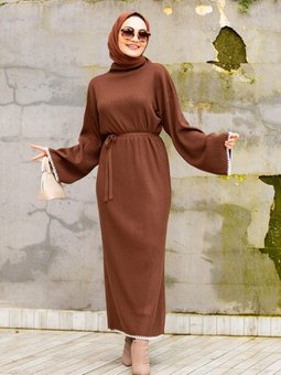 Kol Etek Ucu Nakışlı Triko Elbise Kahve