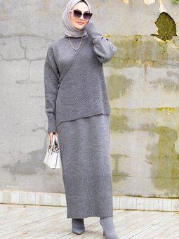 Panço Detaylı Triko Elbiseli Takım Antrasit