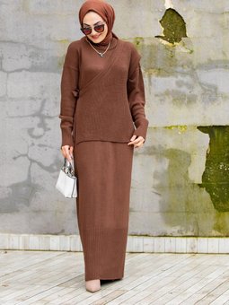 Panço Detaylı Triko Elbiseli Takım Kahve