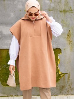 Triko Panço Fermuar Yakalı Taba