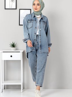 Eteği Püsküllü Kot Ceket Tsd22068 Açık Mavi