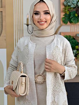 Bej (taş) Desenli Triko Hırka 5316