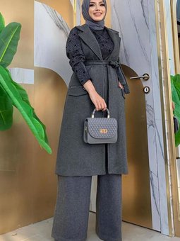 Kadın Gri (antresit) Kuşaklı Kaşe Yelek T 1277