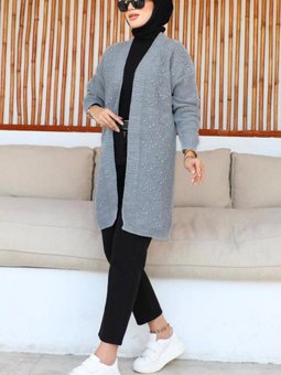 Kadın Gri Kabartma Desenli Triko Hırka T 0273