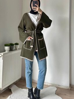 Kadın Haki Kuşaklı Triko Hırka T 4788