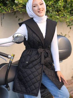 Kadın Siyah Kapüşonlu Kuşaklı Kapitone Şişme Yelek T 0321 1