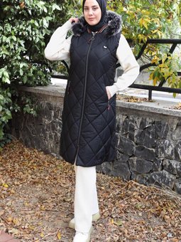Kadın Siyah Kapüşonlu Şişme Yelek T 068
