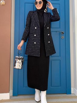 Kadın Siyah Kare Desenli Ceket T 2177