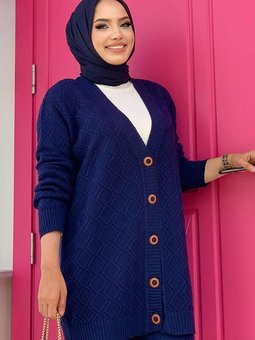 Lacivert Kendinden Desenli Düğmeli Triko Hırka 01222