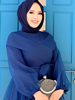 Lacivert Kuşaklı Tüllü Abiye Elbise T 4693