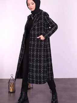 Siyah Kruvaze Yaka Kare Desenli Ceket T 4247