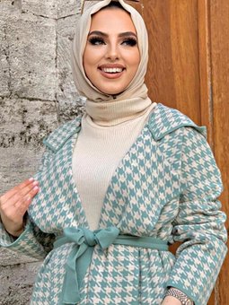 Yeşil (mint) Kazayağı Desenli Hırka 73102