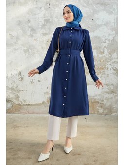 Kemerli Omuzu Taşlı İndigo Tunik