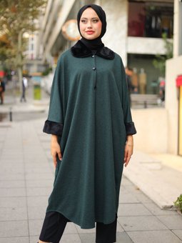 Düğmeli Zümrüt Yeşili Panço