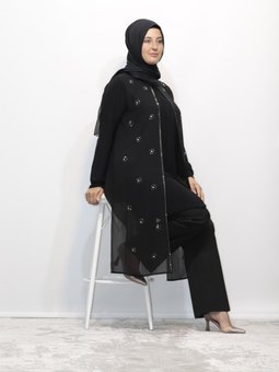 Büyük Beden Önü Taşlı Yaka Düğmelinlu Gömlek Tunik