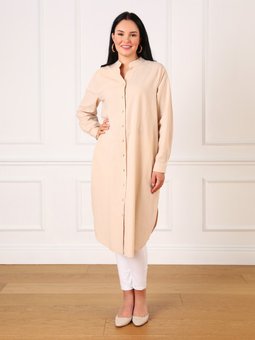 Büyük Beden Boydan Düğmeli Açık Taş Gömlek Tunik