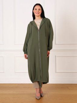 Haki Büyük Beden Kapüşonlu Fermuarlı Aerobin Kap