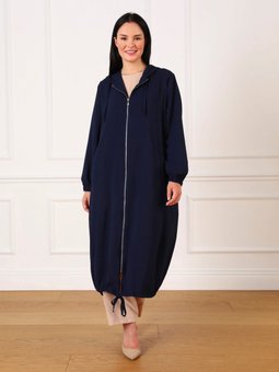 Koyu İndigo Büyük Beden Kapüşonlu Fermuarlı Aerobin Kap