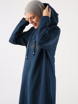 Koyu İndigo Büyük Beden Aplike Nakışlı Fermuarlı Hırka