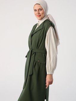 Koyu Yeşil Omuzları Apoletli Kuşaklı Cepli Yelek