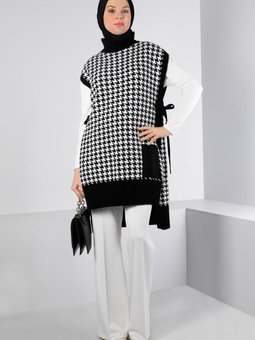 Yandan Bağlamalı Kazayağı Desenli Triko Süveter 43141