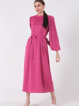 Fuşya Balon Kol Oversize Saten Abiye Elbise