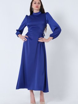 Saks Mavisi Kolları Volanlı Yandan Bağlama İp Detaylı Abiye Elbise