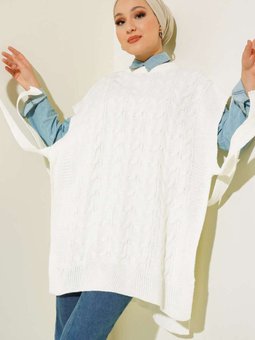 11024 Yandan Kuşak Bağlamalı Süveter Ekru